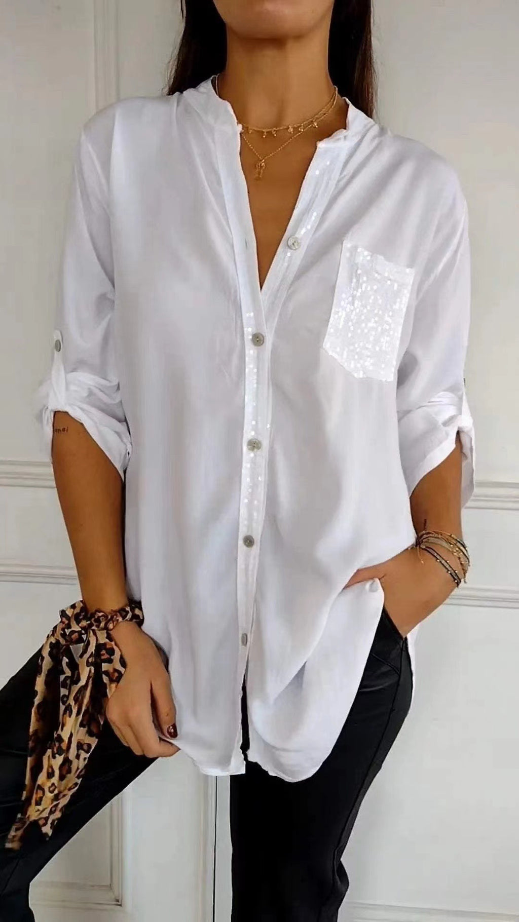 Sequin Pocket Button Up Shirt - White