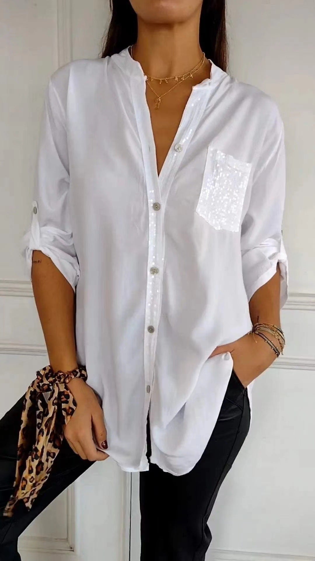 Sequin Pocket Button Up Shirt - White