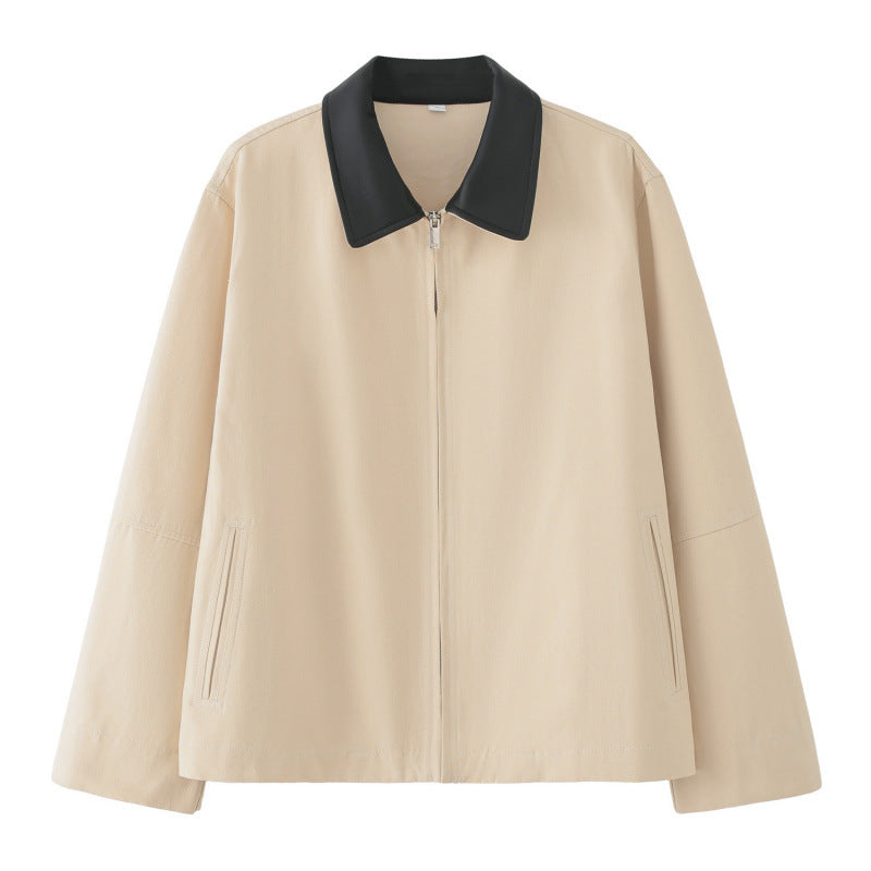 Boxy Zip-Up Jacket with Two-Tone Collar - Beige