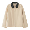 Boxy Zip-Up Jacket with Two-Tone Collar - Beige