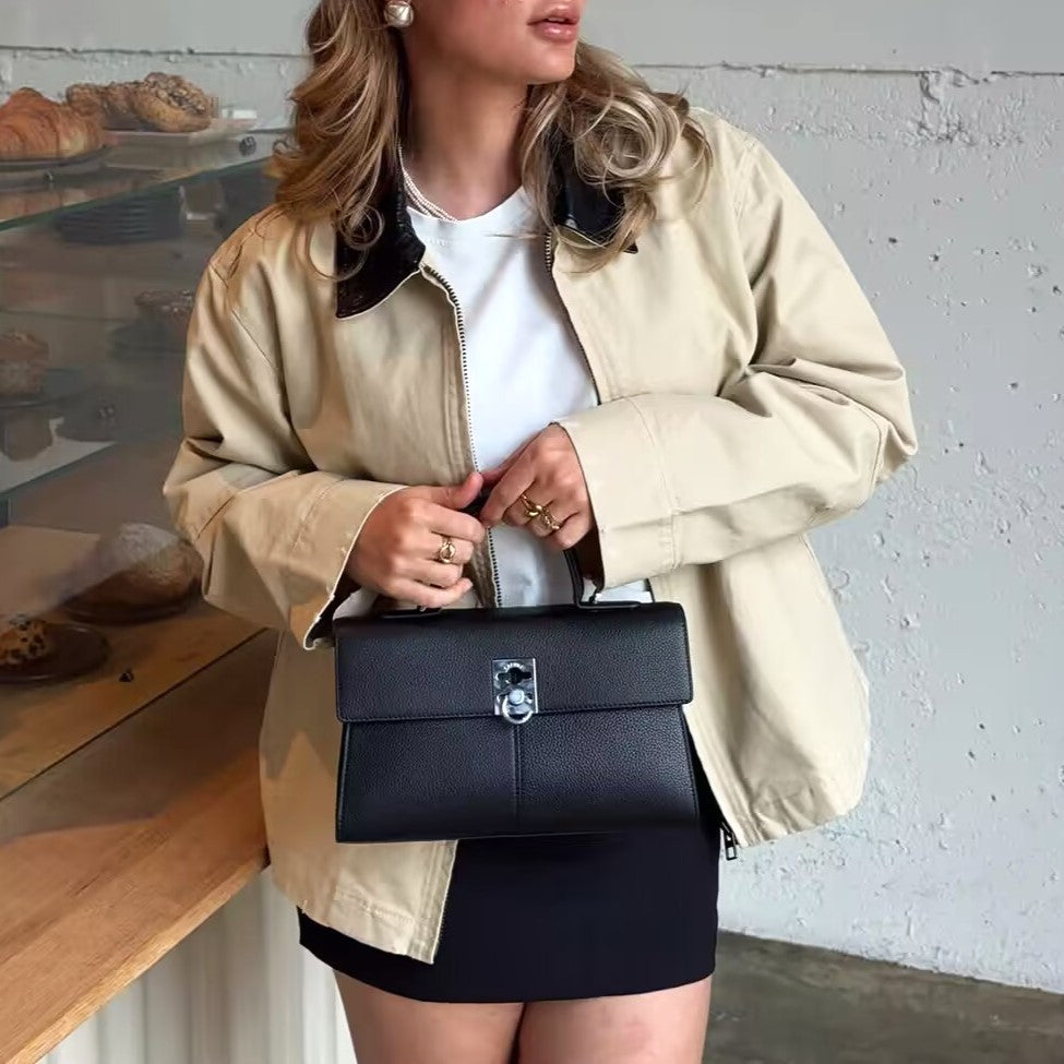 Boxy Zip-Up Jacket with Two-Tone Collar - Beige - 1