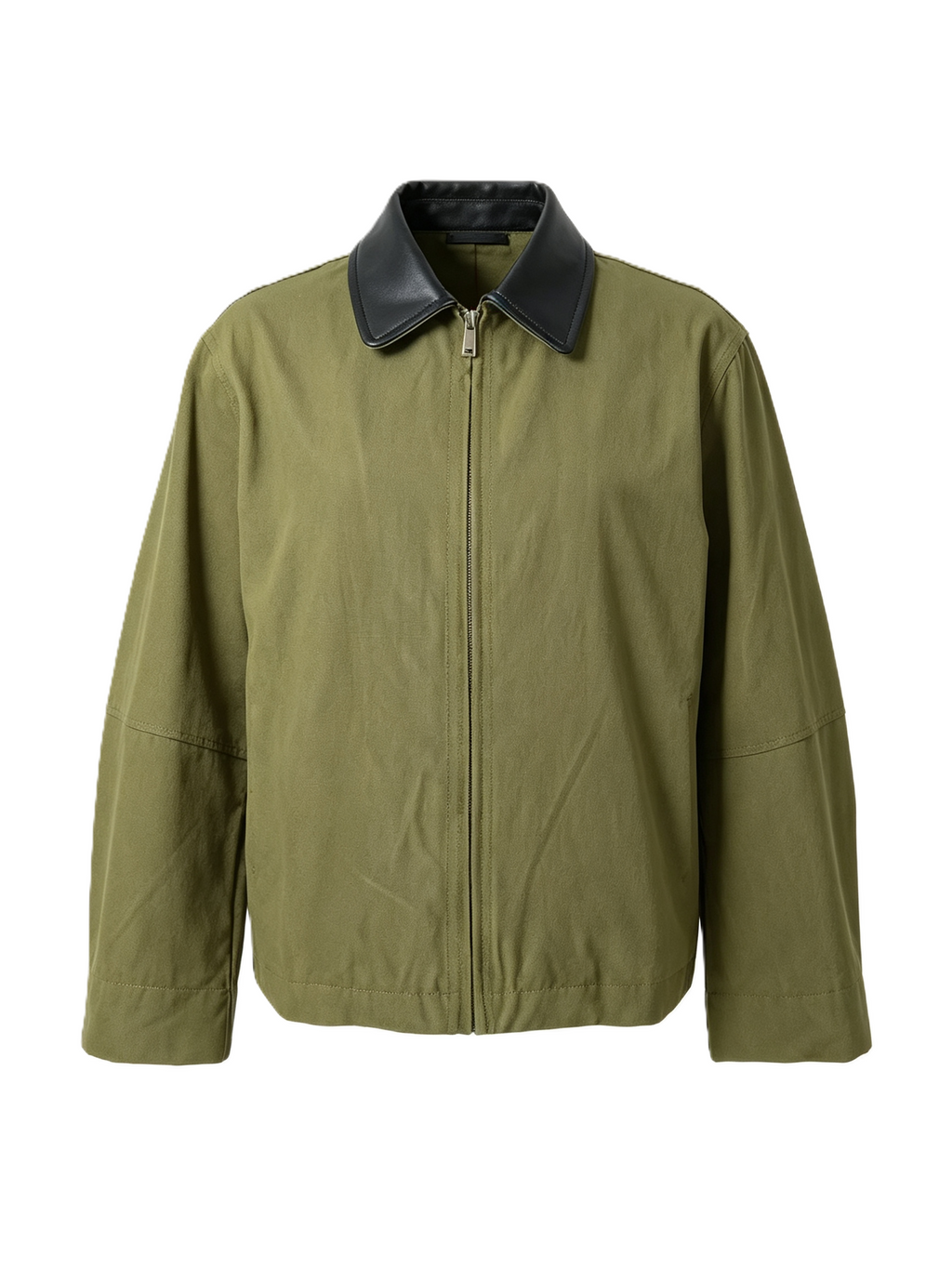 Boxy Zip-Up Jacket with Two-Tone Collar - Green
