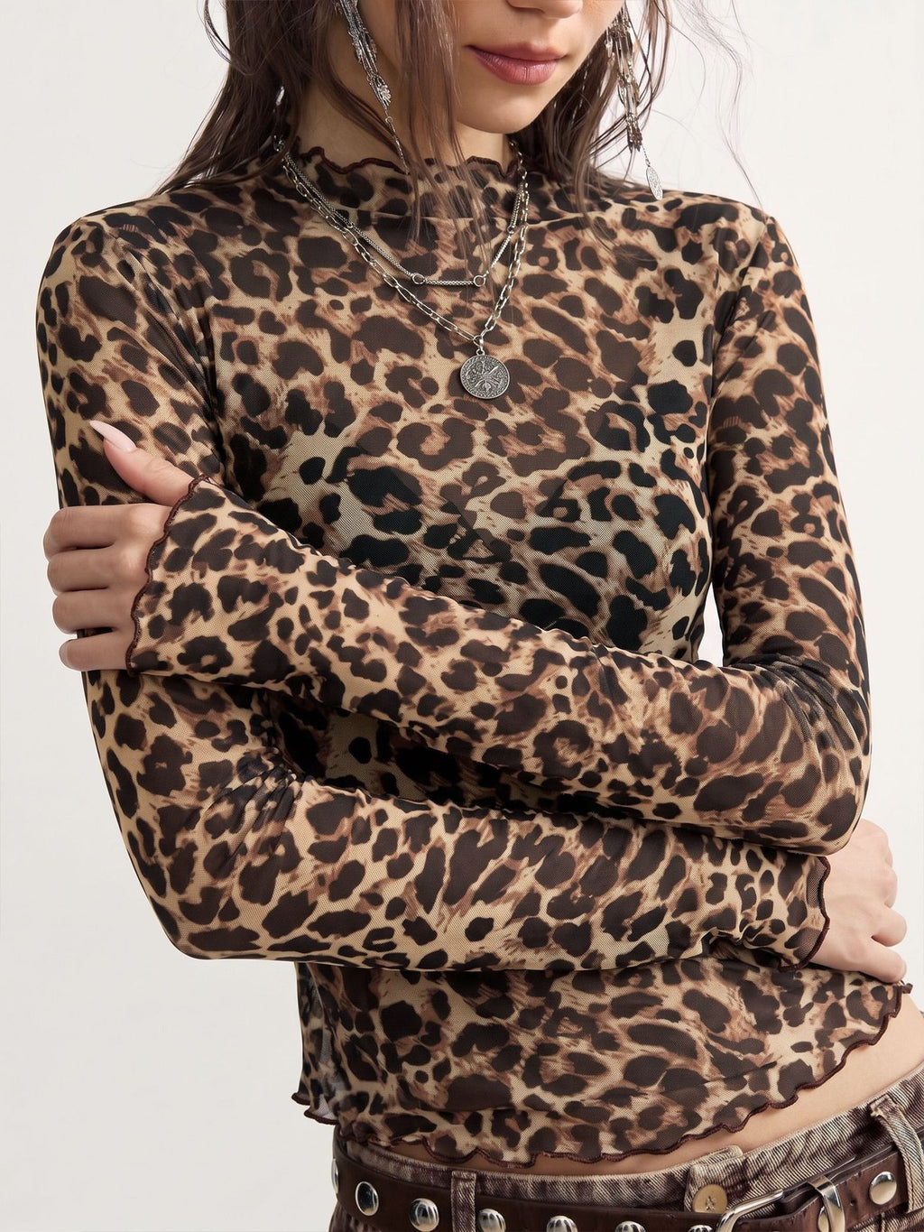 Leopard Sheer Mesh Mock Neck Lettuce Hem Crop Top - Yellow - 2