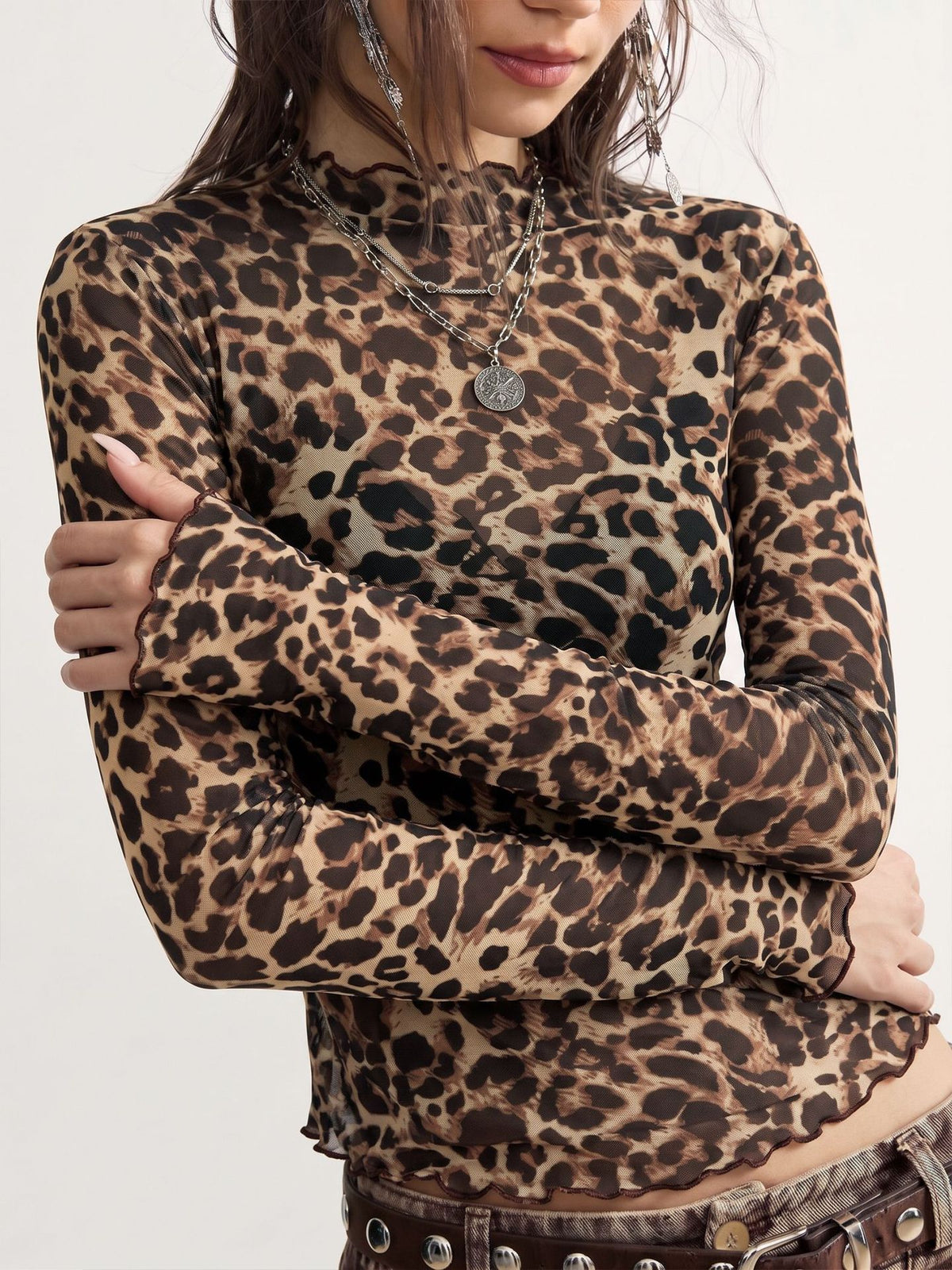 Leopard Sheer Mesh Mock Neck Lettuce Hem Crop Top - Yellow - 2