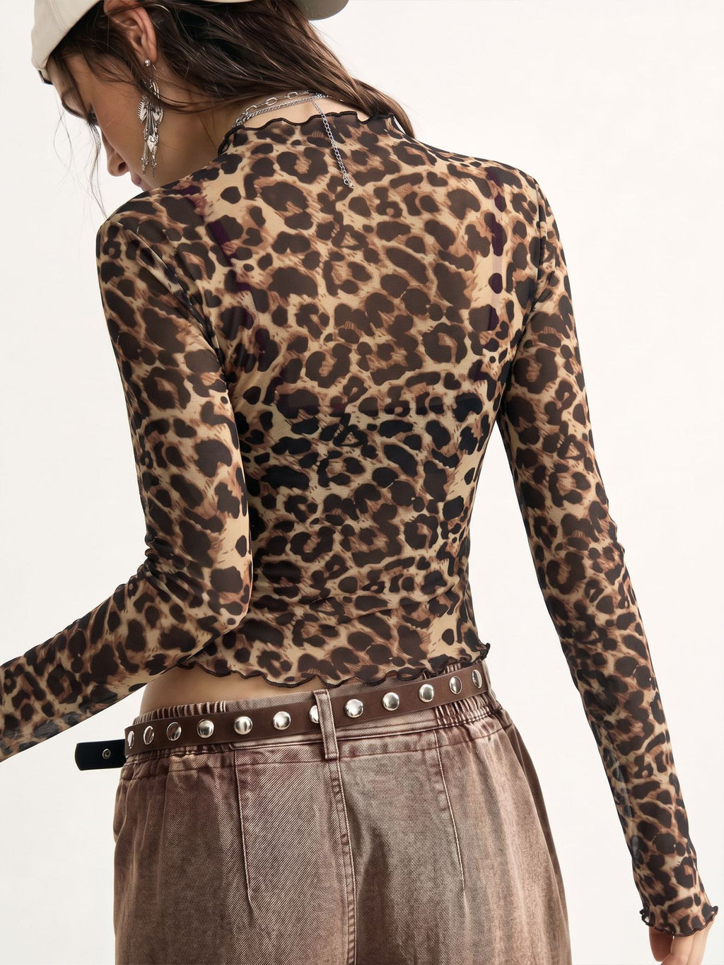 Leopard Sheer Mesh Mock Neck Lettuce Hem Crop Top - Yellow - 3