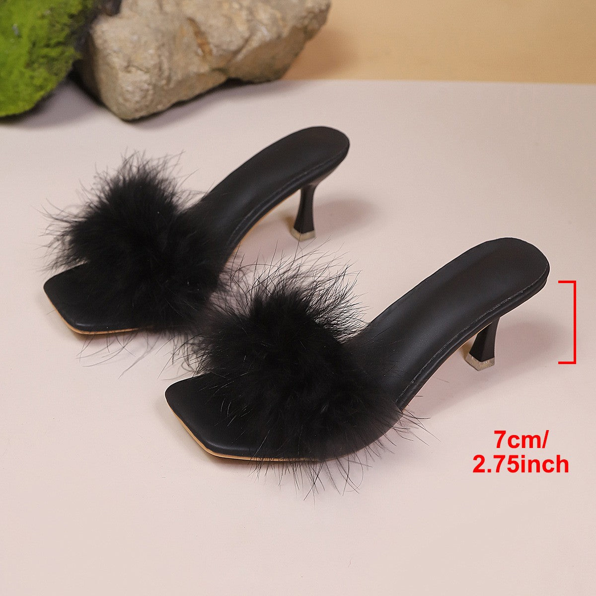 Feather Trim Square Toe Heeled Mules - Black