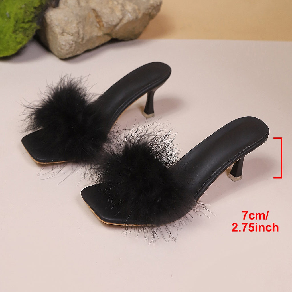 Feather Trim Square Toe Heeled Mules