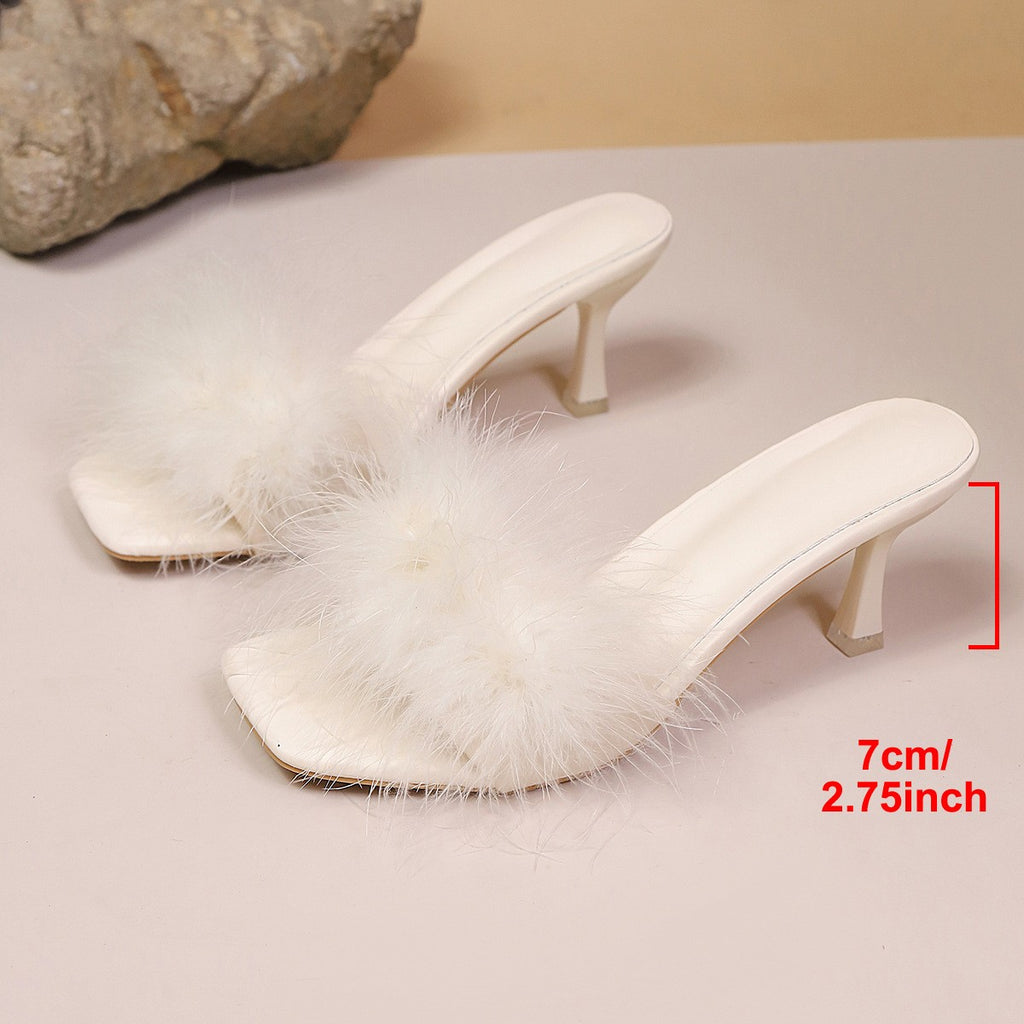Feather Trim Square Toe Heeled Mules