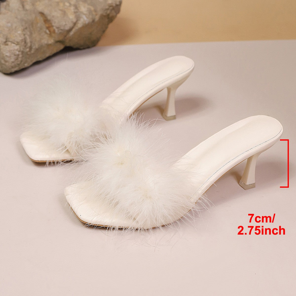 Feather Trim Square Toe Heeled Mules
