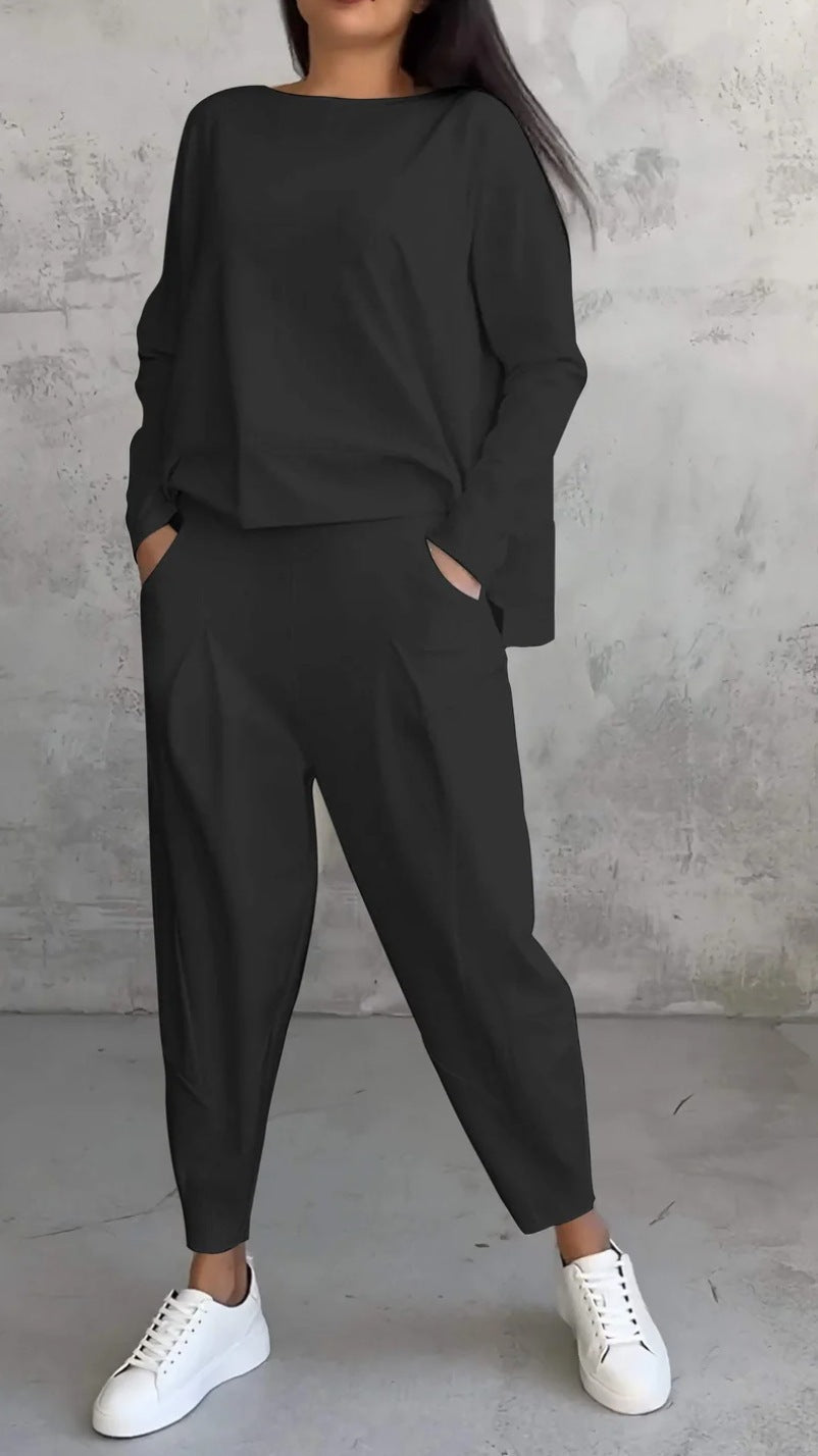 High Low Hem Tee and Barrel Pant Set - black
