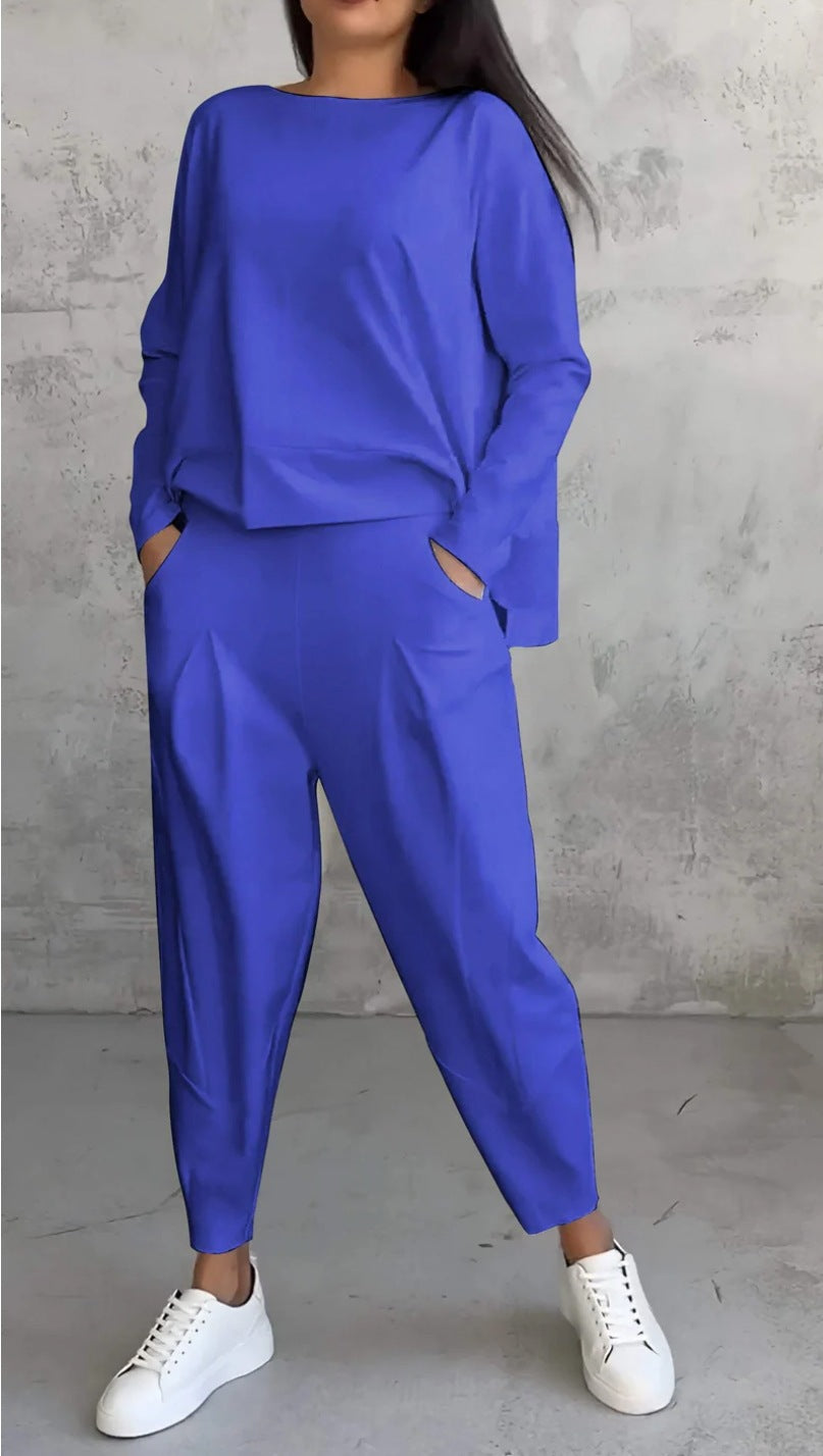 High Low Hem Tee and Barrel Pant Set - blue