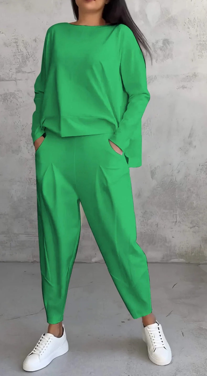 High Low Hem Tee and Barrel Pant Set - green