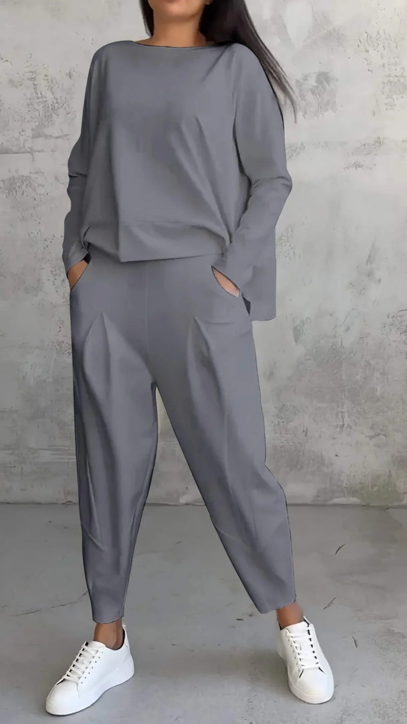 High Low Hem Tee and Barrel Pant Set - grey