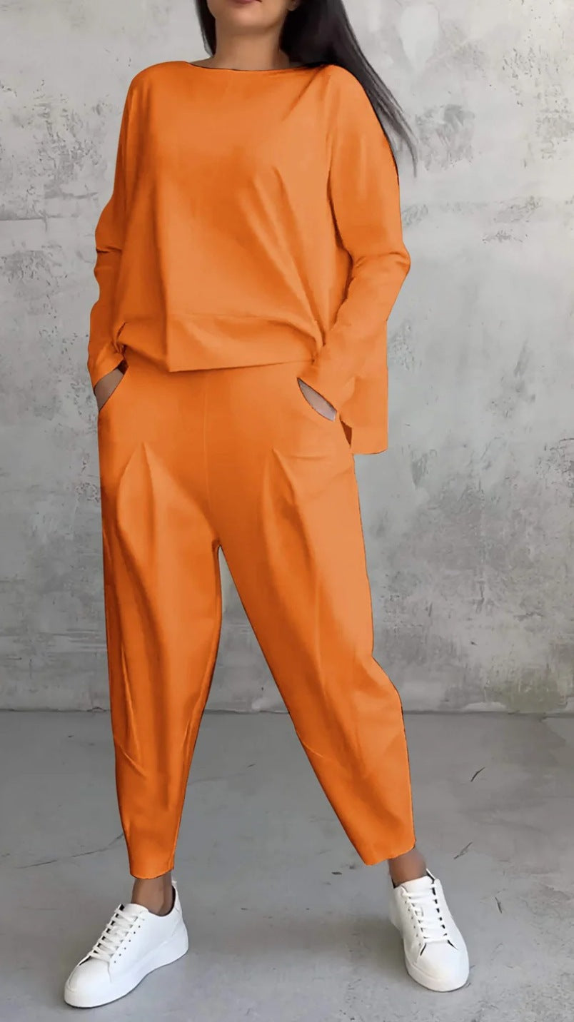 High Low Hem Tee and Barrel Pant Set - orange