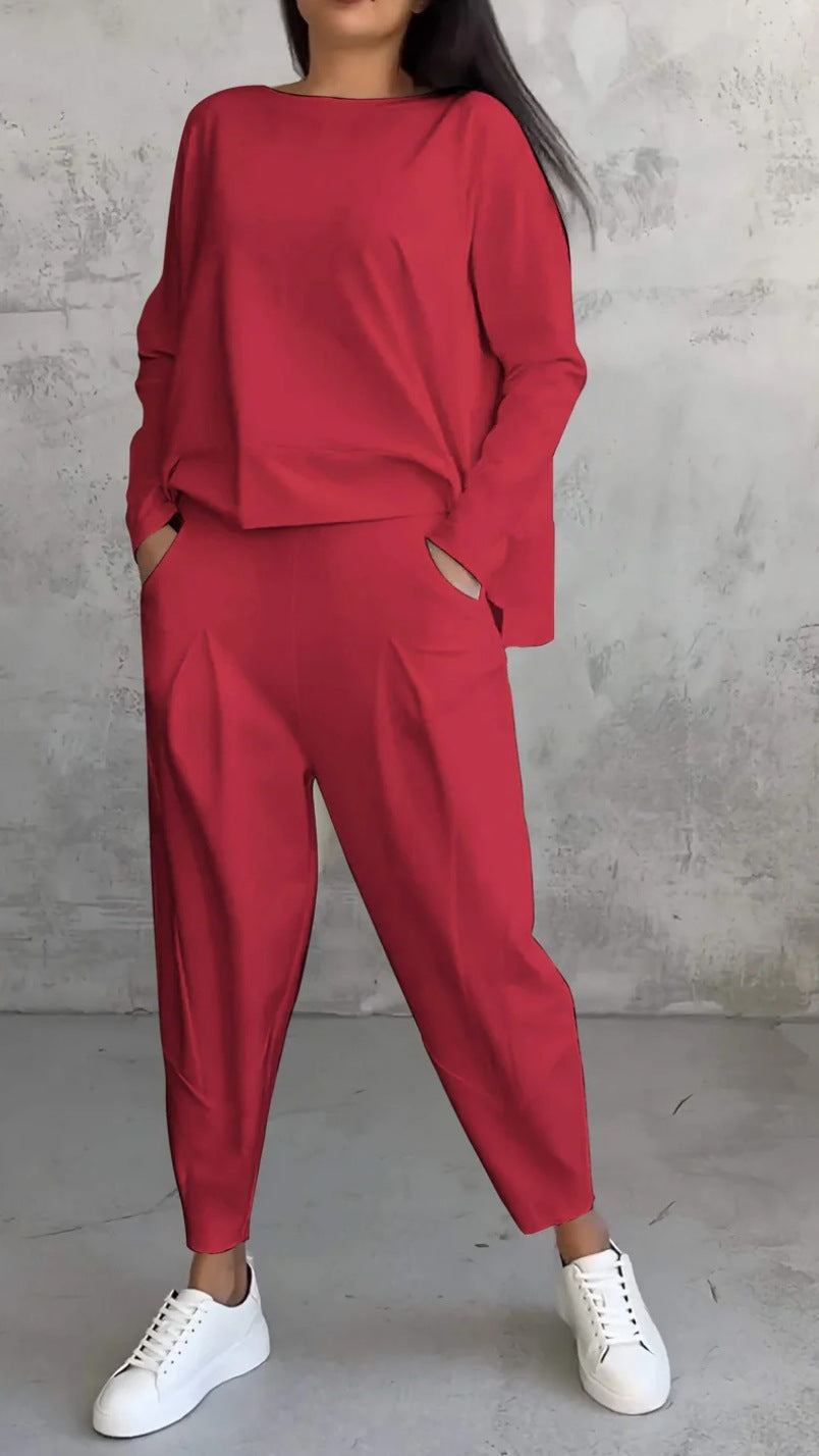 High Low Hem Tee and Barrel Pant Set - red