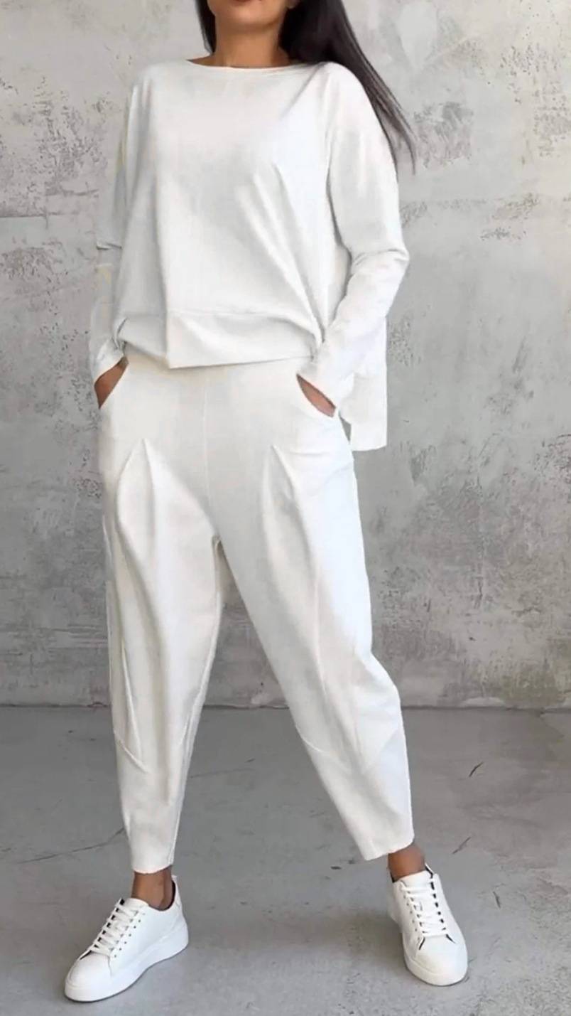 High Low Hem Tee and Barrel Pant Set - white