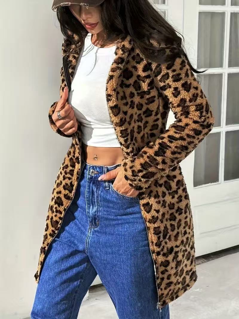 Leopard Print Fleece Zip Up Jacket - Brown - 1