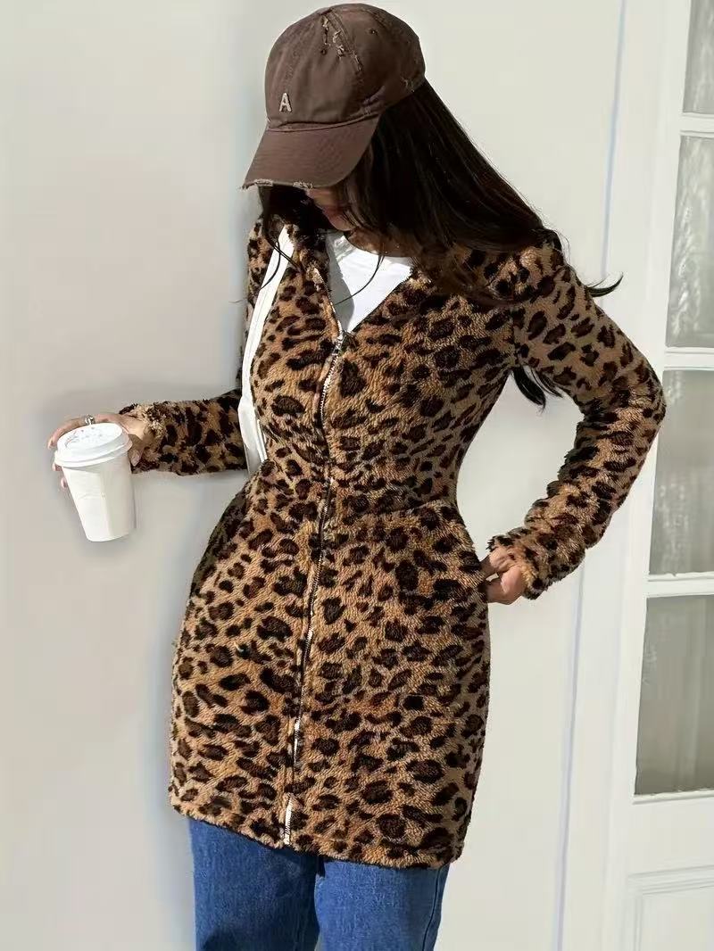 Leopard Print Fleece Zip Up Jacket - Brown - 2
