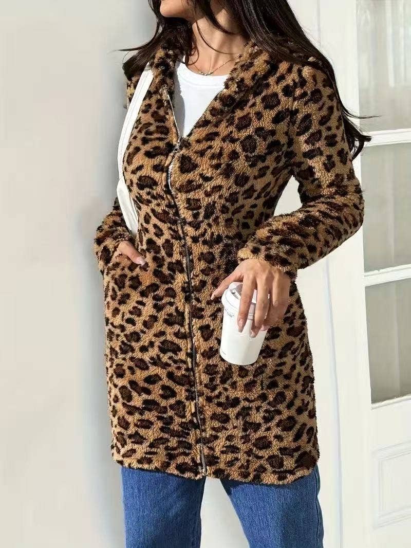 Leopard Print Fleece Zip Up Jacket