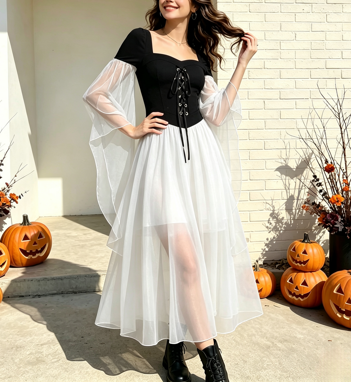 Tiered Chiffon Lace Up Cold Shoulder Dress - BWhite