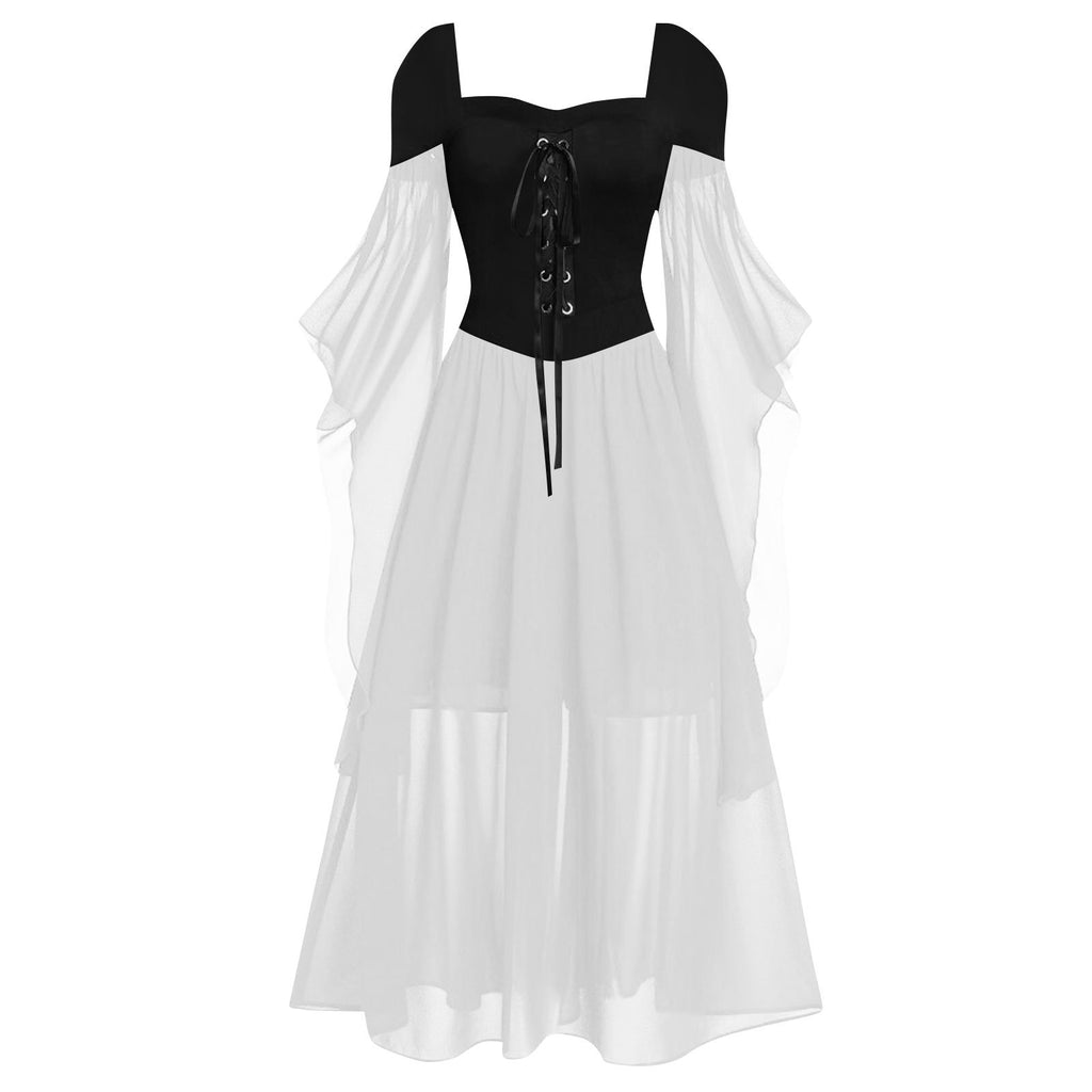 Tiered Chiffon Lace Up Cold Shoulder Dress - BWhite - 1