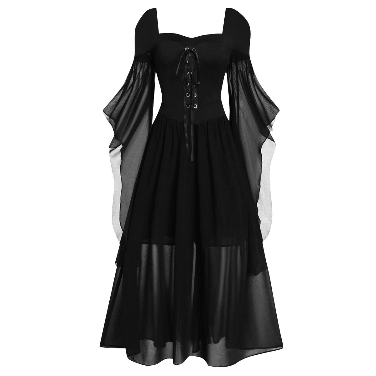 Tiered Chiffon Lace Up Cold Shoulder Dress - Black