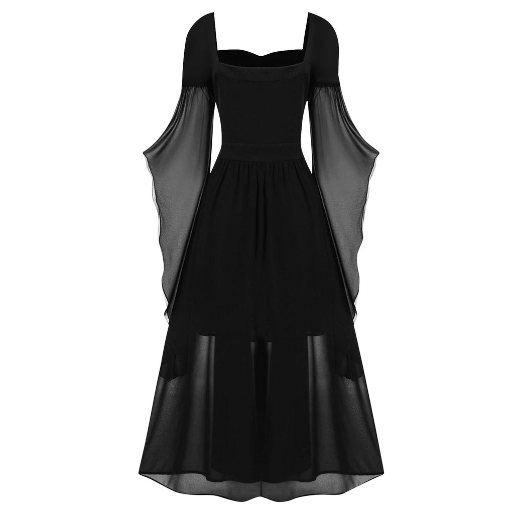 Tiered Chiffon Lace Up Cold Shoulder Dress - Black - 1
