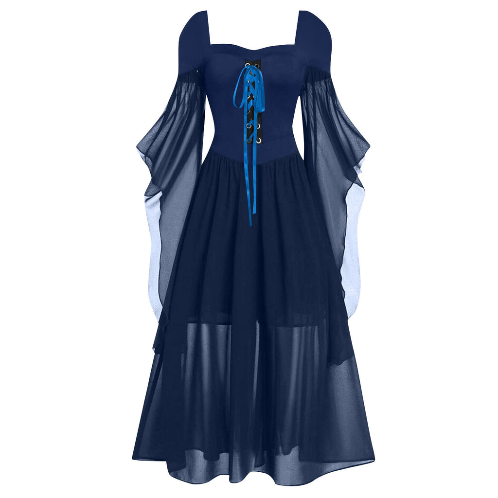Tiered Chiffon Lace Up Cold Shoulder Dress - Blue