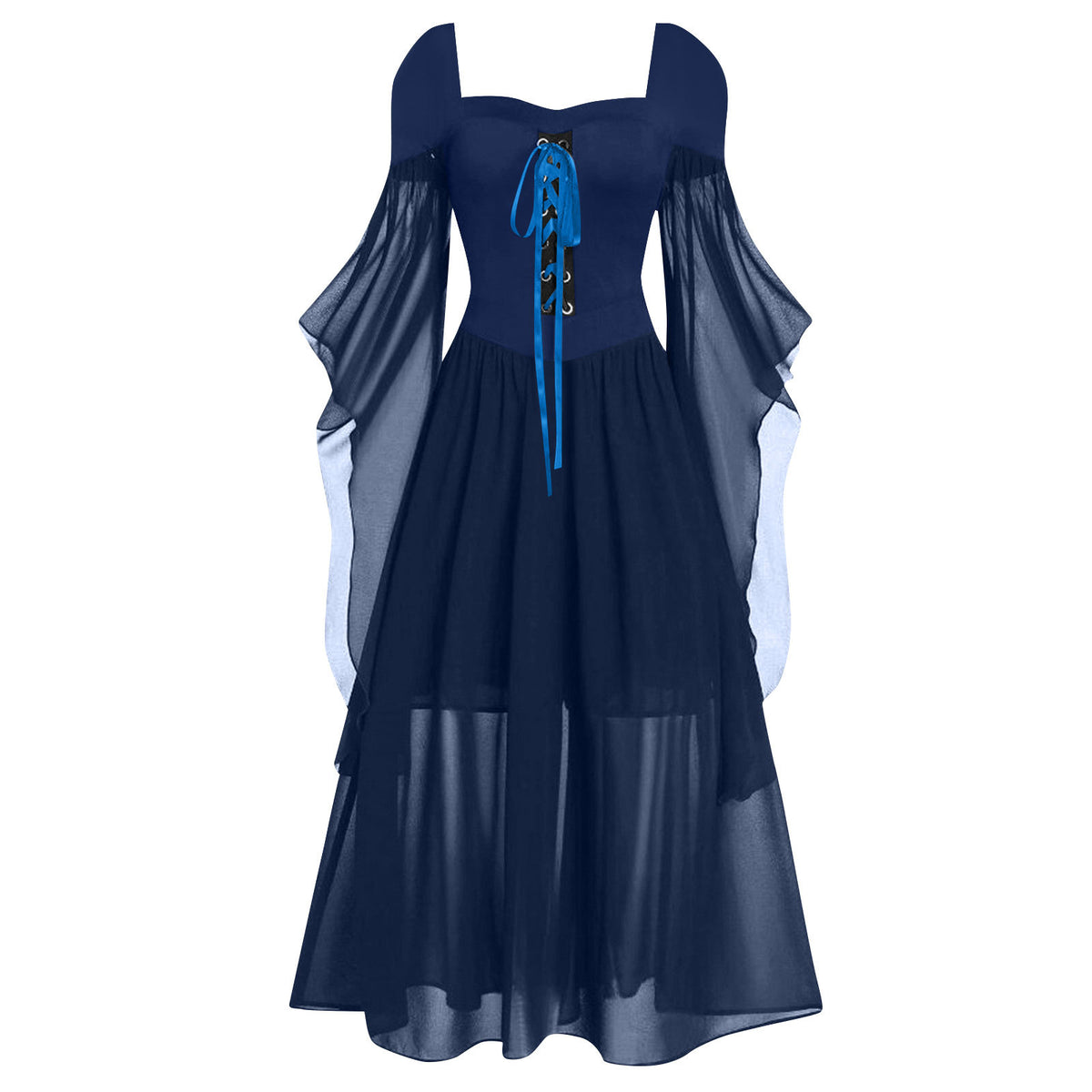 Tiered Chiffon Lace Up Cold Shoulder Dress - Blue