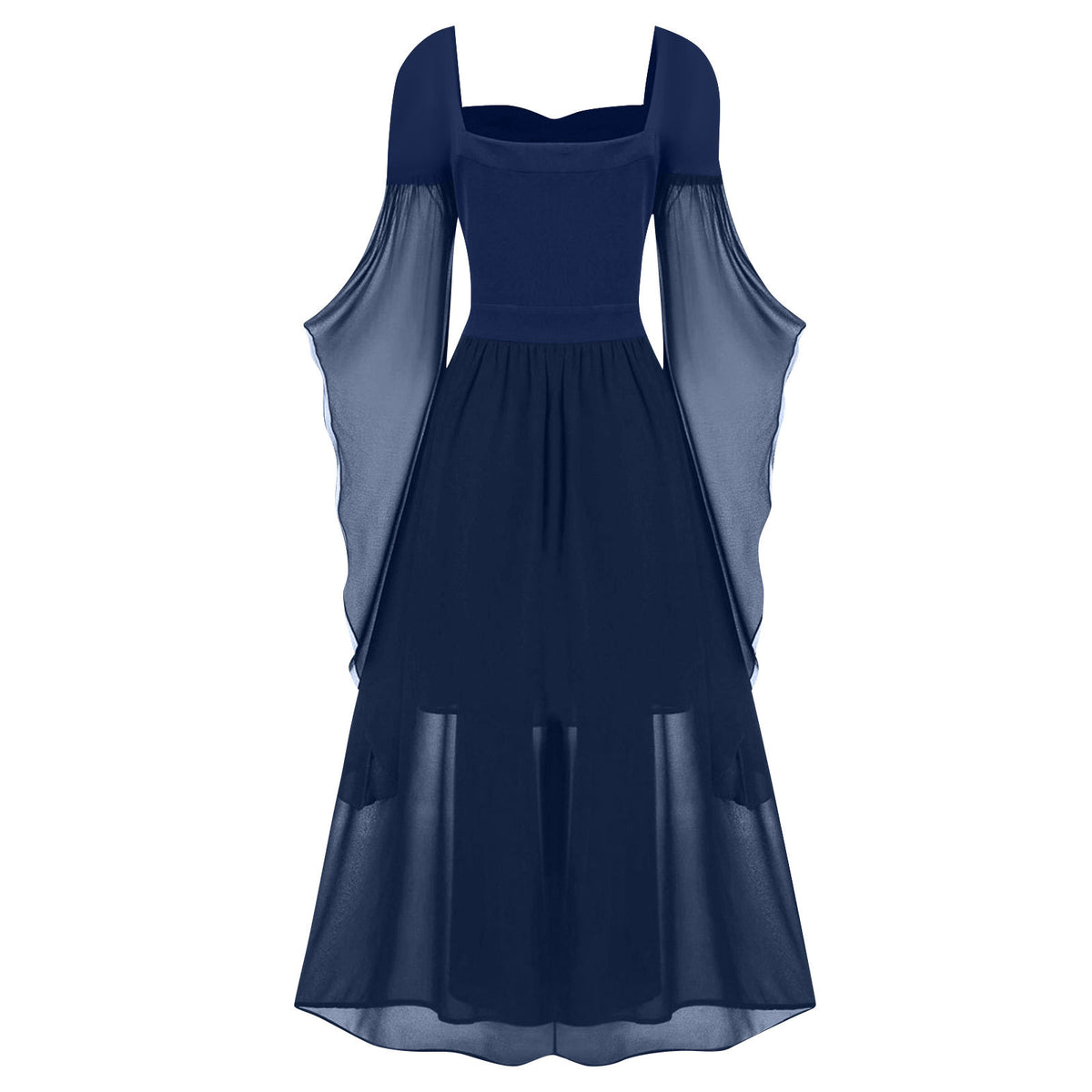 Tiered Chiffon Lace Up Cold Shoulder Dress - Blue - 1