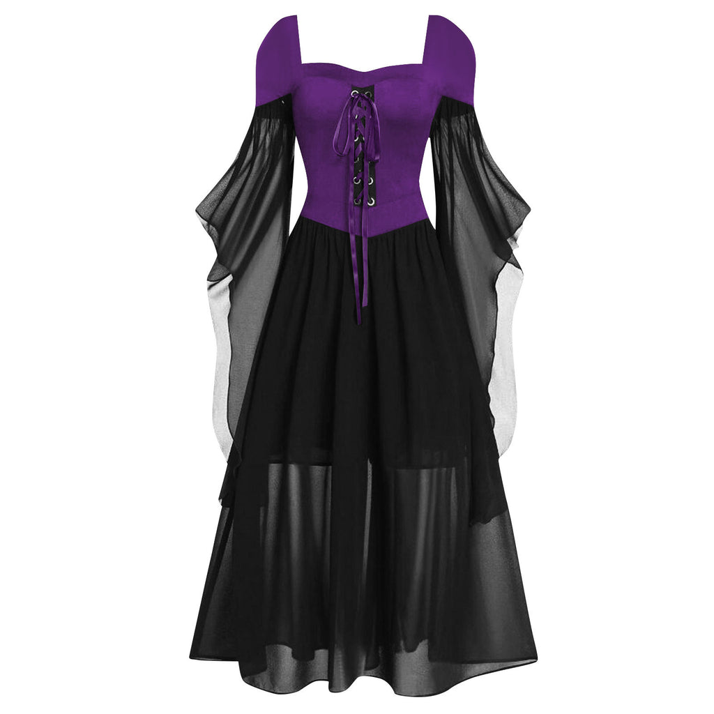Tiered Chiffon Lace Up Cold Shoulder Dress - PBlack