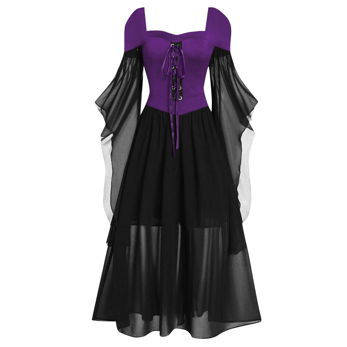 Tiered Chiffon Lace Up Cold Shoulder Dress - PBlack