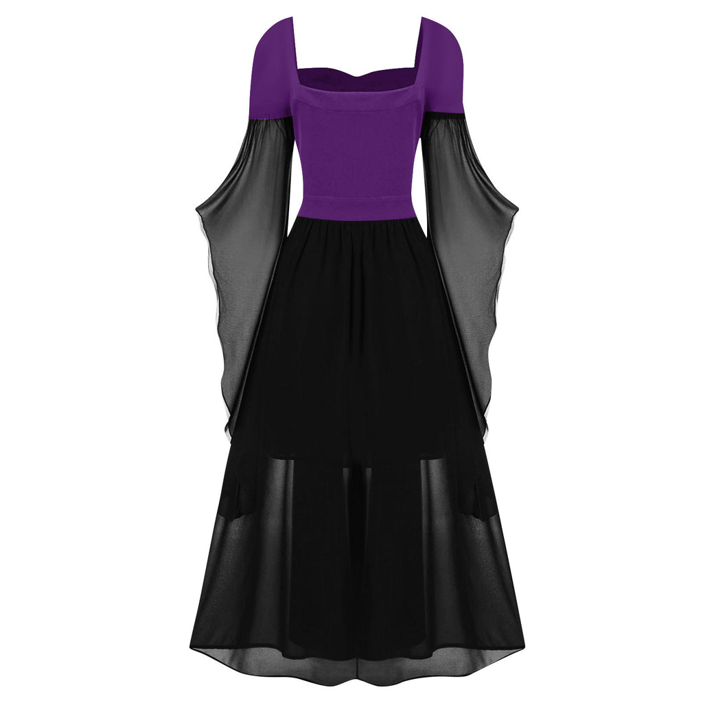Tiered Chiffon Lace Up Cold Shoulder Dress - PBlack - 1