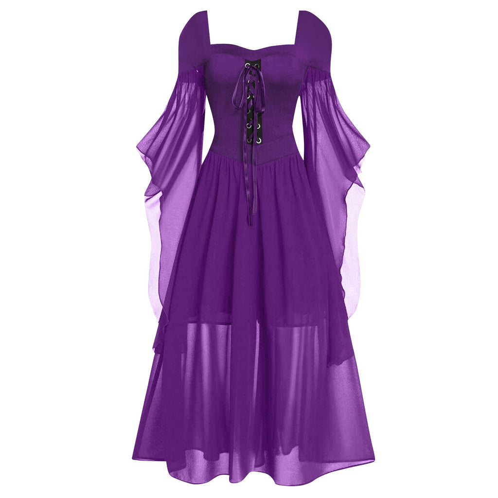 Tiered Chiffon Lace Up Cold Shoulder Dress - Purple