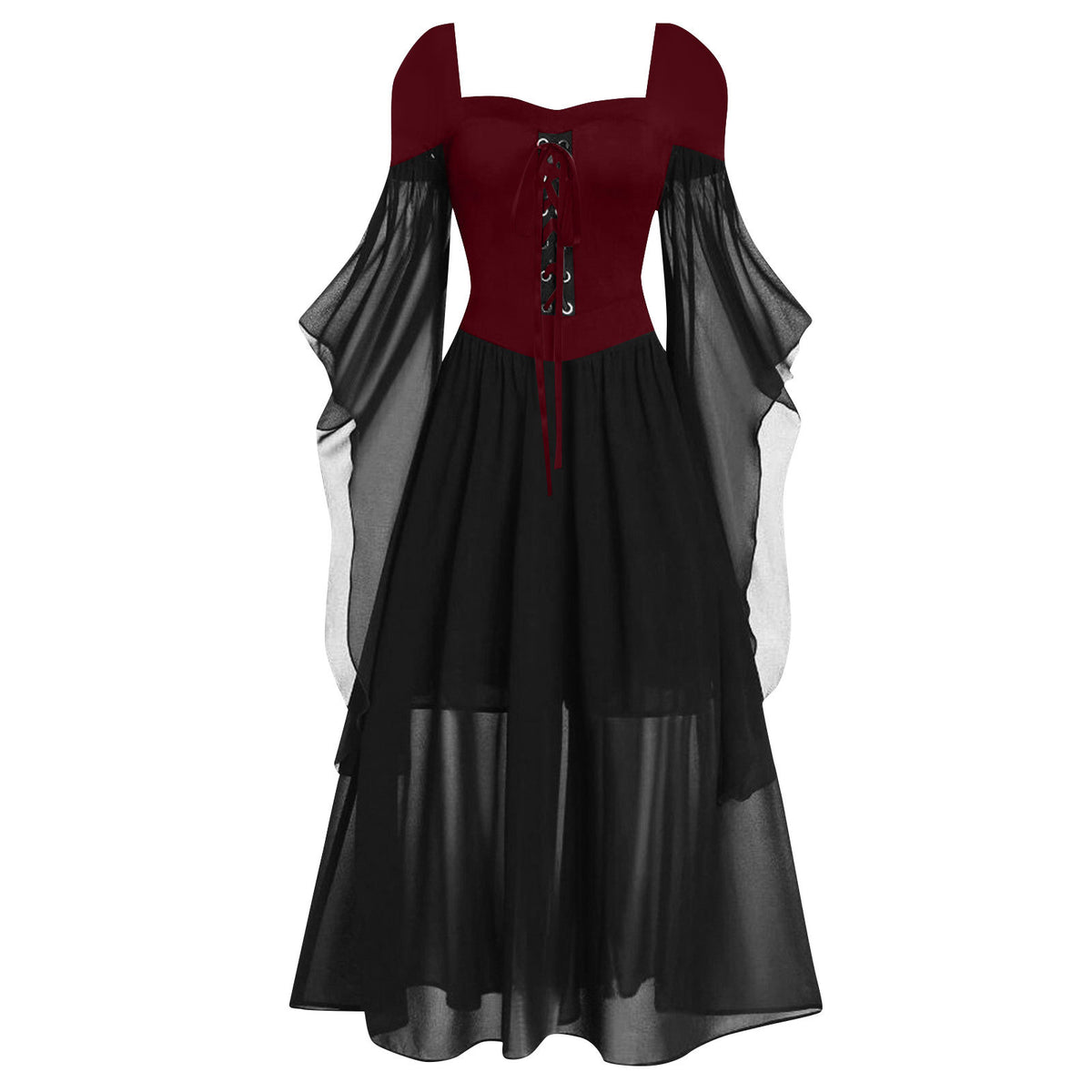 Tiered Chiffon Lace Up Cold Shoulder Dress - RBlack