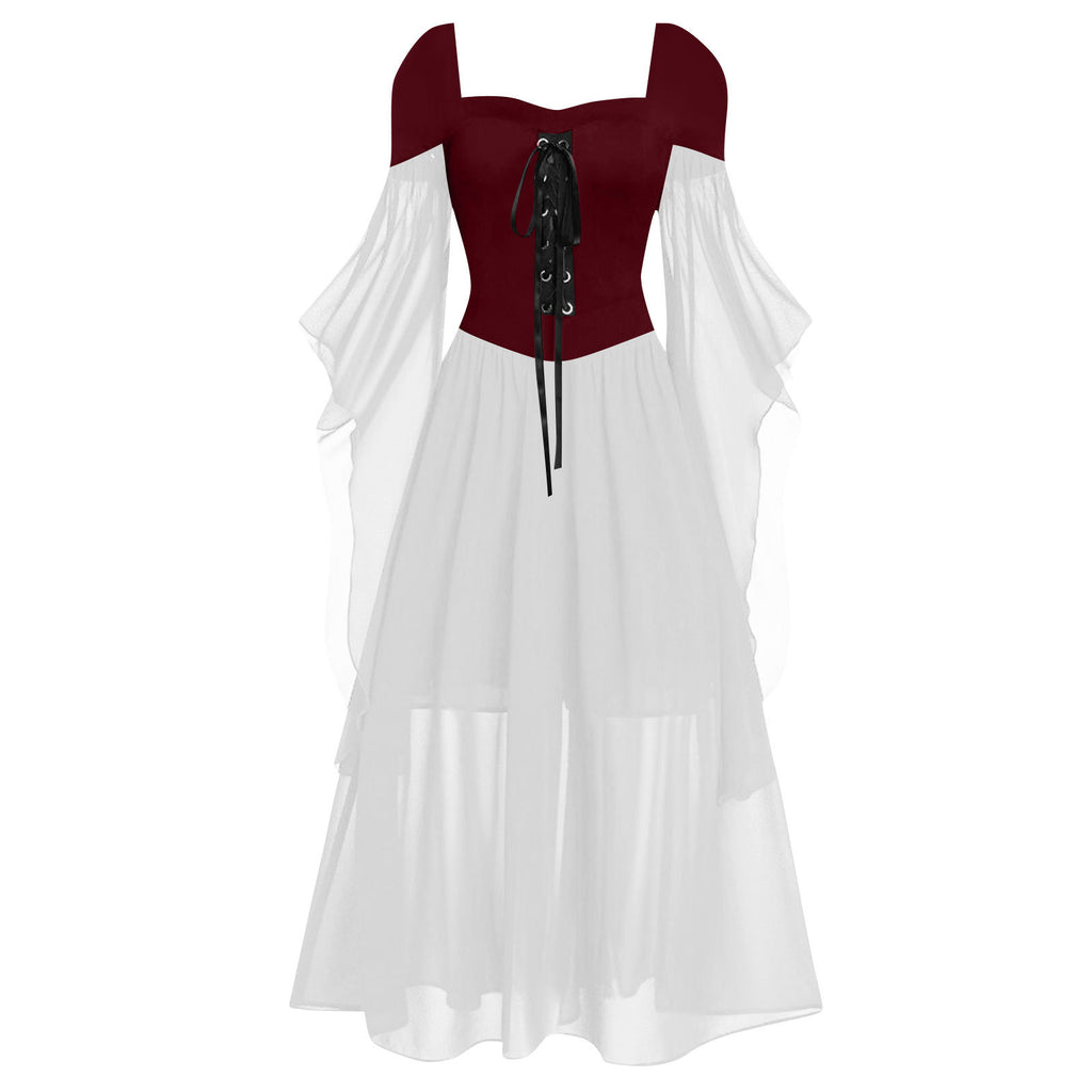 Tiered Chiffon Lace Up Cold Shoulder Dress - RWhite