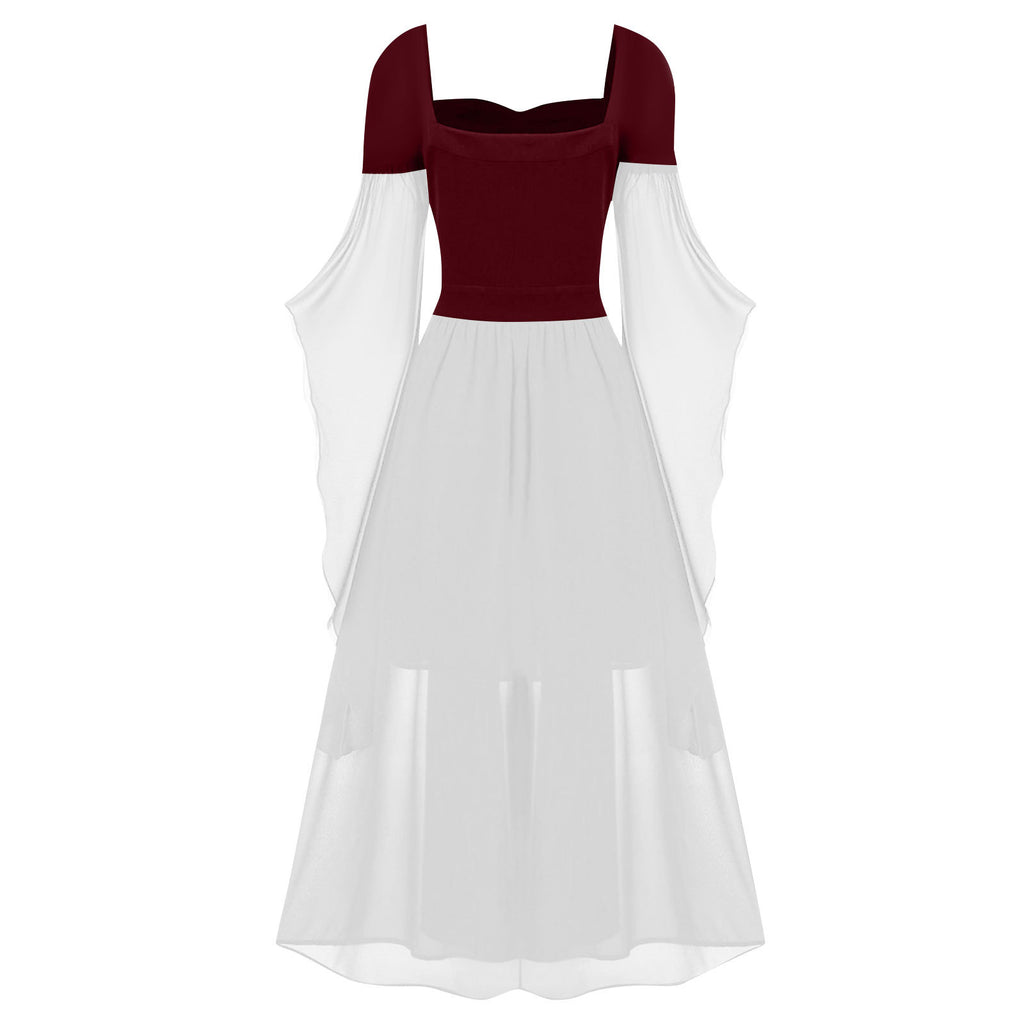 Tiered Chiffon Lace Up Cold Shoulder Dress - RWhite - 1