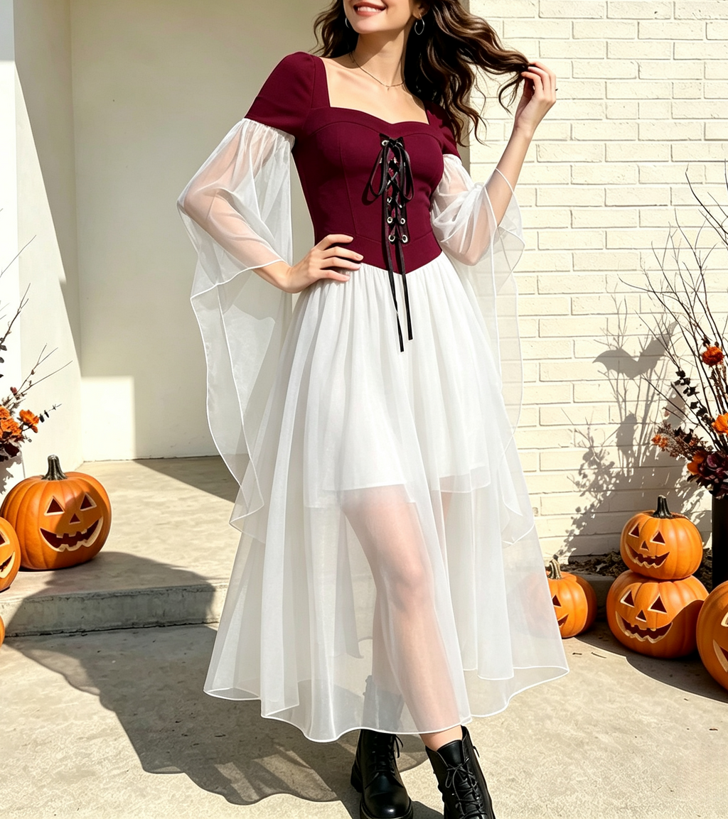 Tiered Chiffon Lace Up Cold Shoulder Dress - RWhite - 2