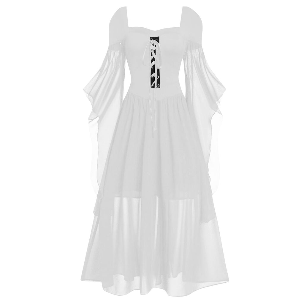 Tiered Chiffon Lace Up Cold Shoulder Dress - White
