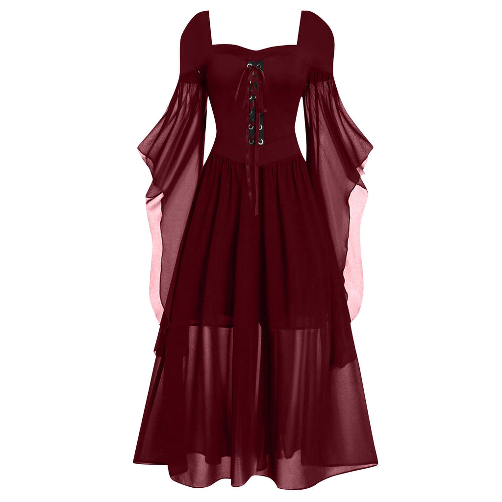 Tiered Chiffon Lace Up Cold Shoulder Dress - Wine_red