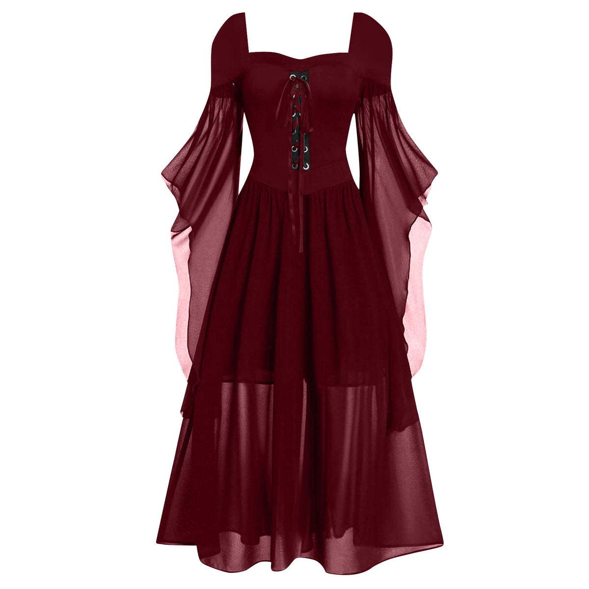 Tiered Chiffon Lace Up Cold Shoulder Dress - Wine_red