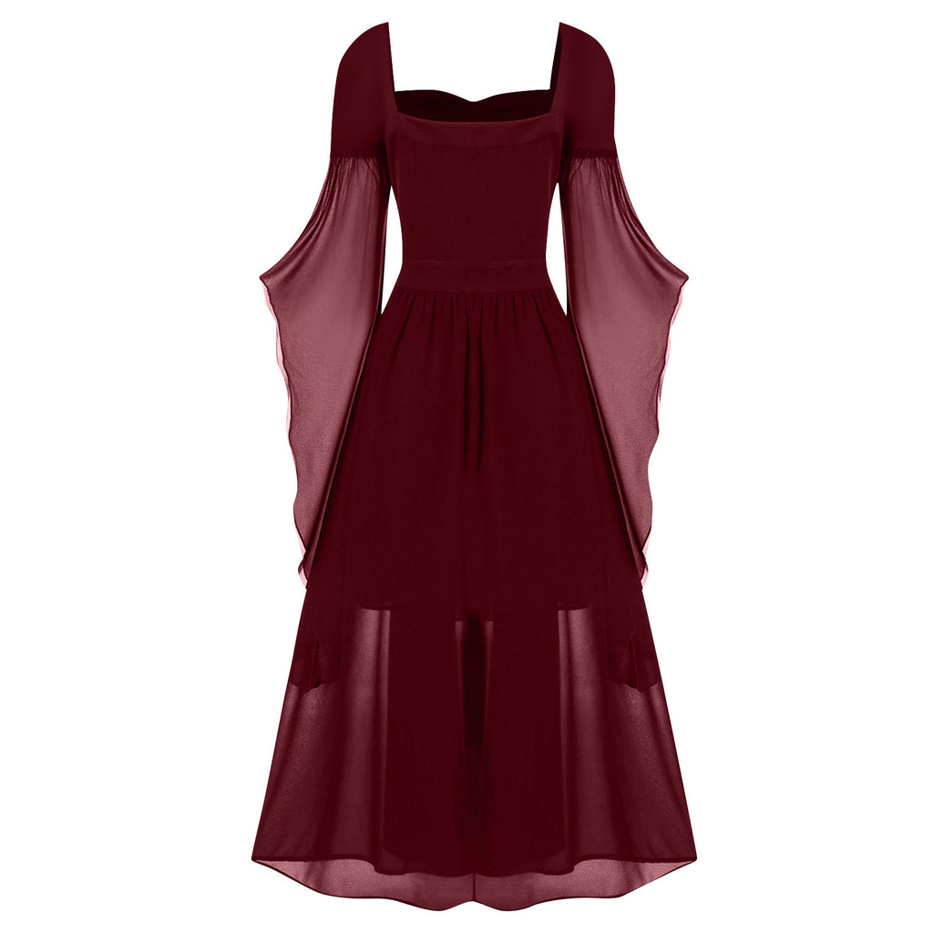 Tiered Chiffon Lace Up Cold Shoulder Dress - Wine_red - 1