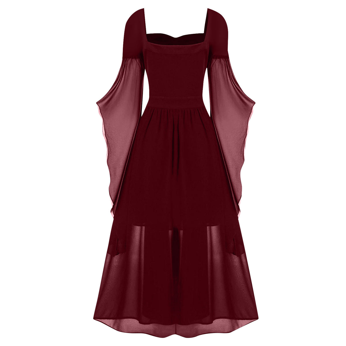 Tiered Chiffon Lace Up Cold Shoulder Dress - Wine_red - 1