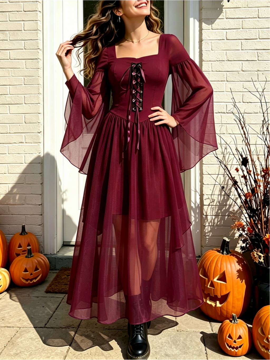 Tiered Chiffon Lace Up Cold Shoulder Dress - Wine_red - 3
