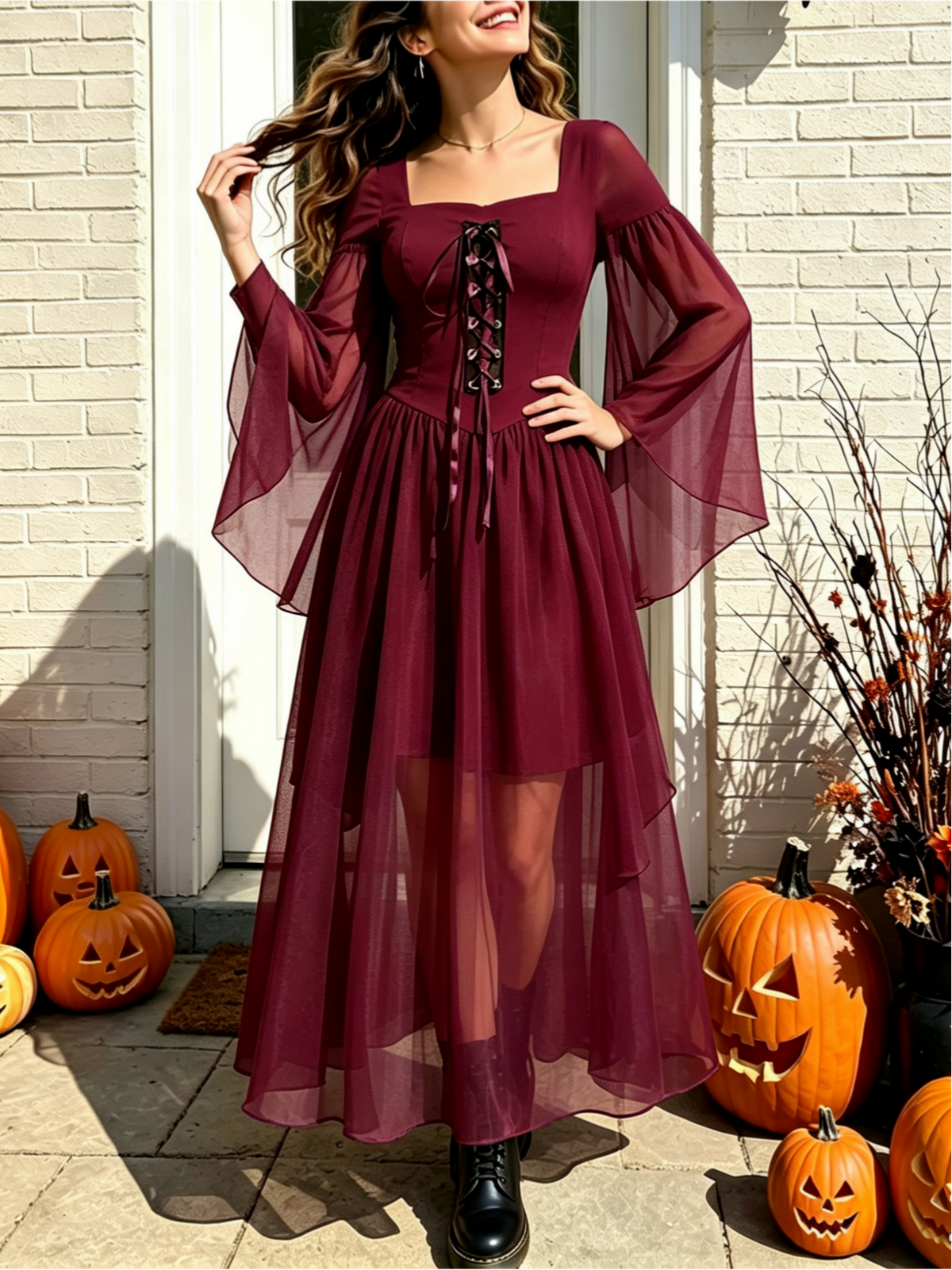 Tiered Chiffon Lace Up Cold Shoulder Dress - Wine_red - 3