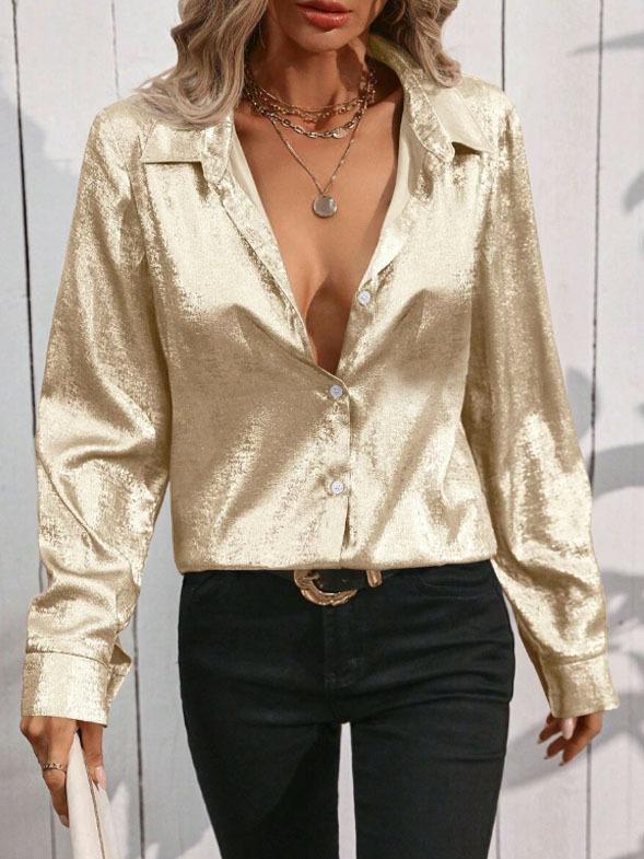 Shimmer Foil Long Sleeve Button Down Shirt - Golden - 2