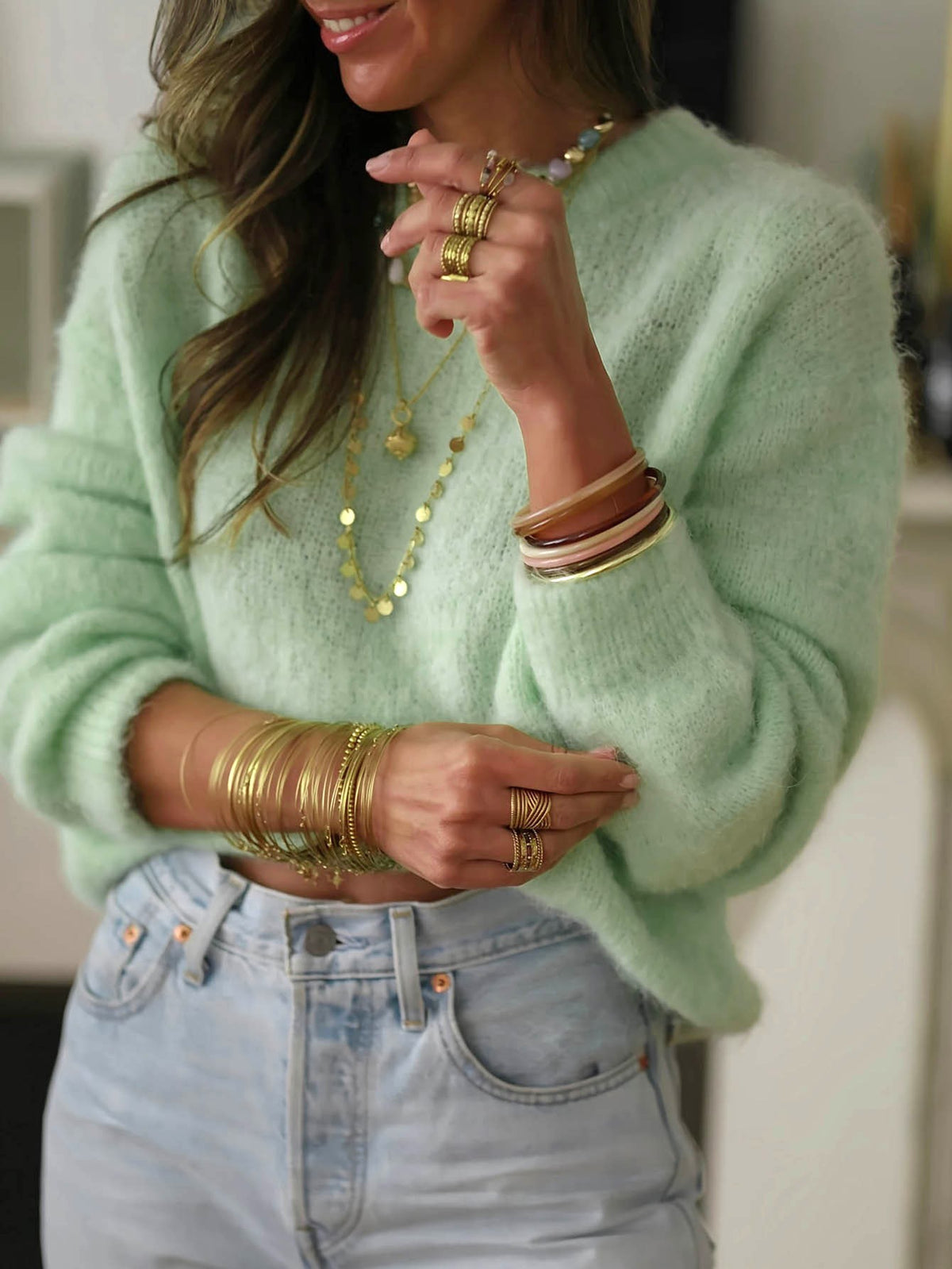 Fuzzy Crew Neck Knit Sweater in Mint Green - Green - 2