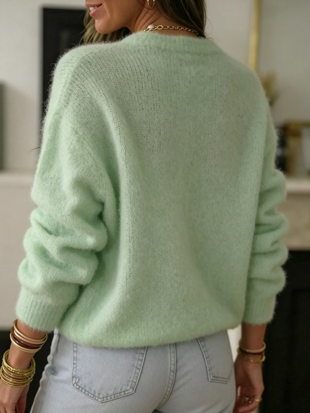 Fuzzy Crew Neck Knit Sweater in Mint Green - Green - 3