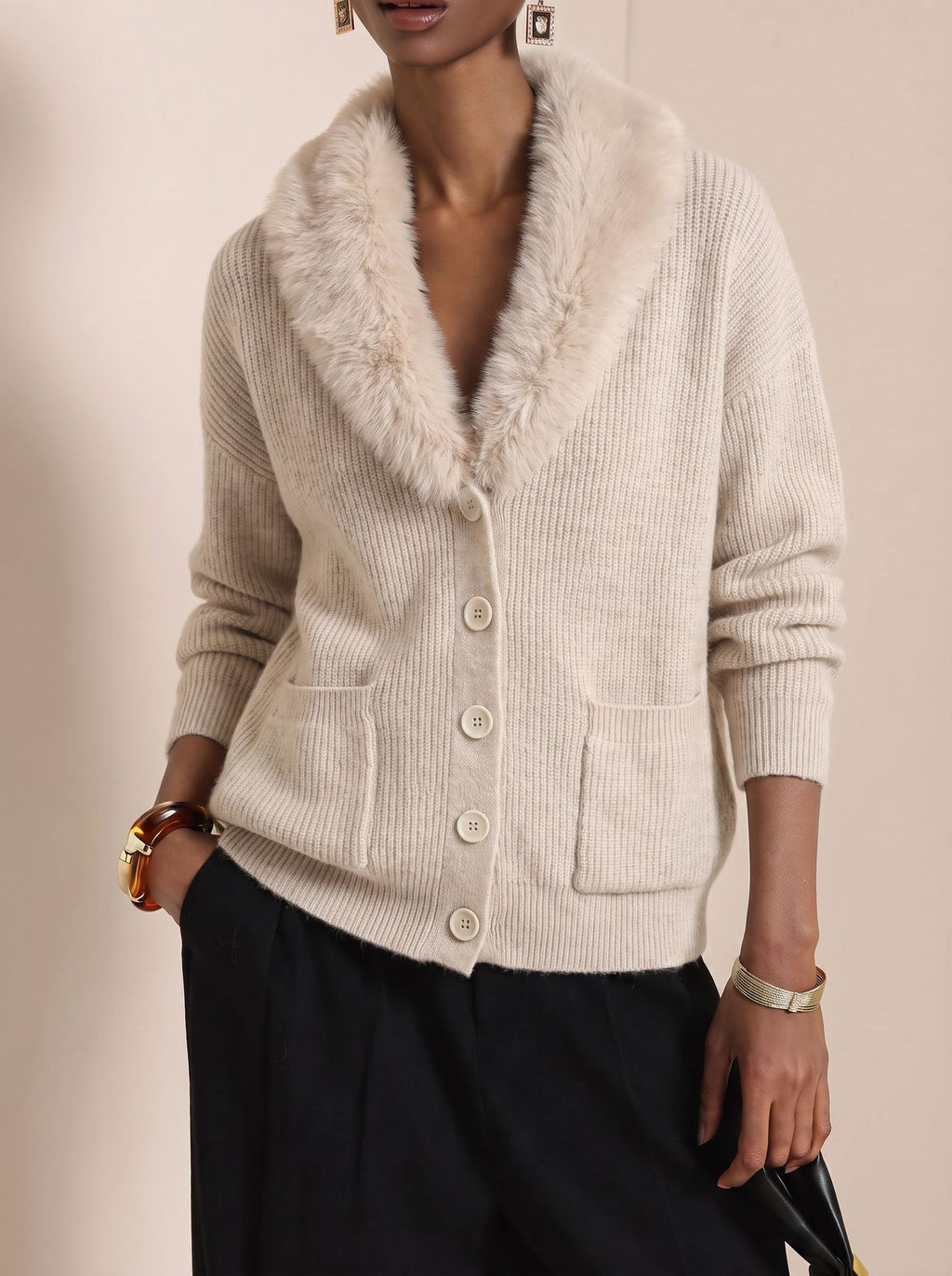 Shawl Collar Knit Cardigan With Faux Fur Trim - Apricot