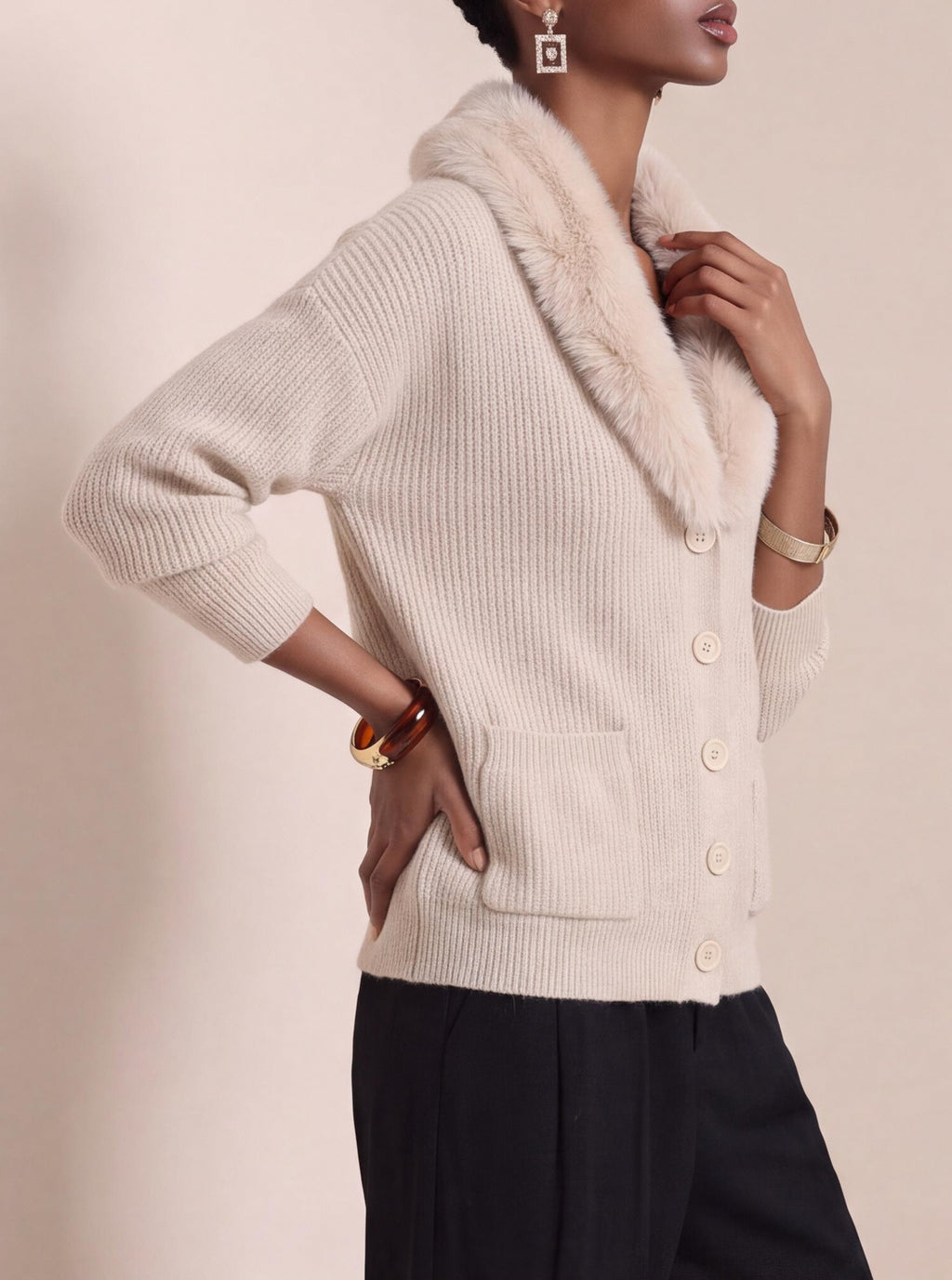 Shawl Collar Knit Cardigan With Faux Fur Trim - Apricot - 1
